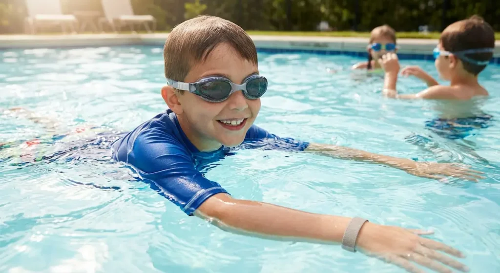  طفل مبتسم يمارس السباحة بأمان مرتدياً سوار تعريف طبي يمثل التعايش الإيجابي مع الهيموفيليا