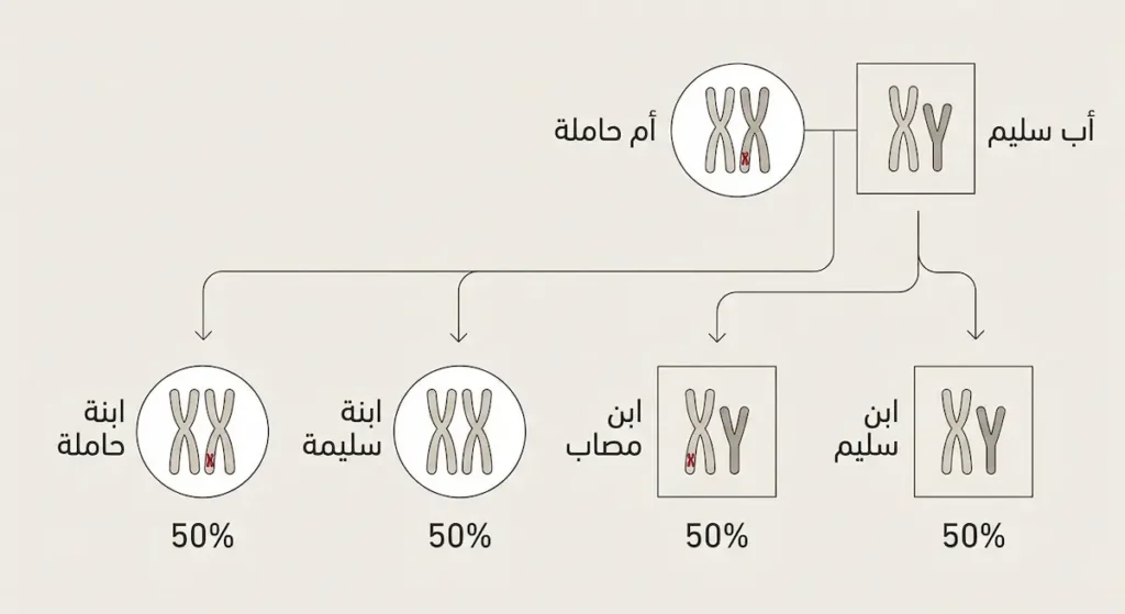 مخطط وراثي يوضح انتقال الهيموفيليا من أم حاملة وأب سليم إلى الأبناء مع نسب الإصابة