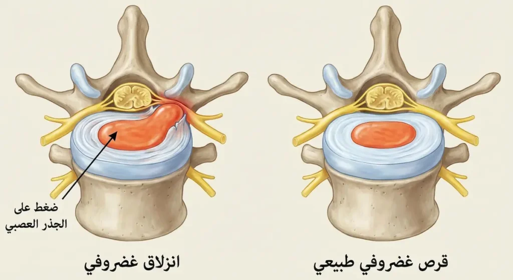  مقارنة بين قرص غضروفي طبيعي وقرص منزلق يضغط على الجذر العصبي