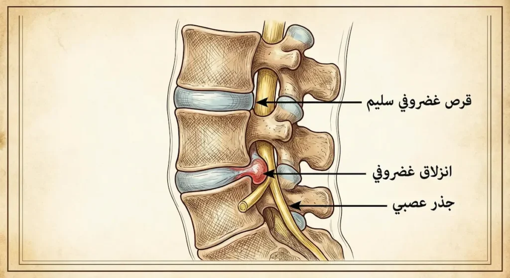 مقطع جانبي للعمود الفقري يُظهر قرصاً غضروفياً سليماً وآخر منزلقاً يضغط على الجذر العصبي