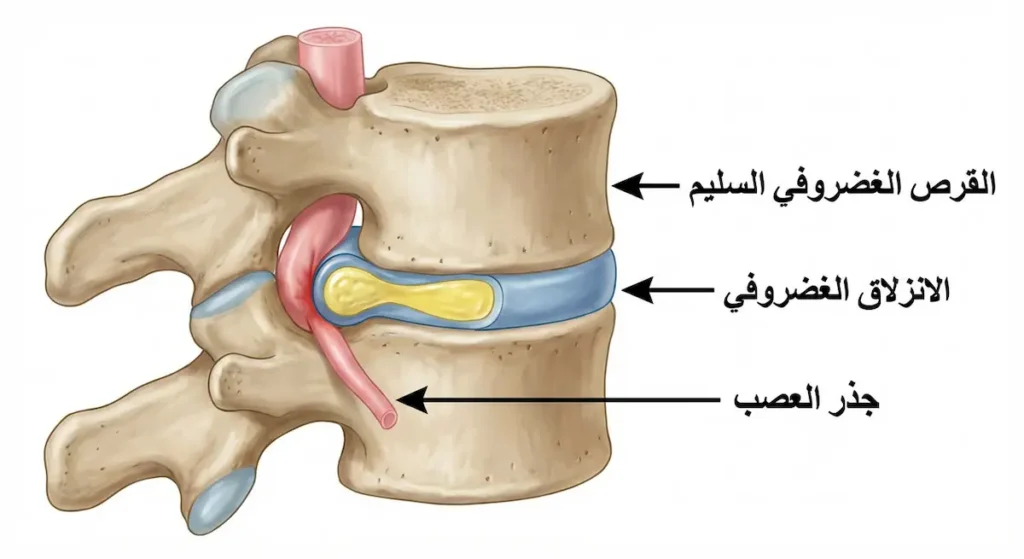  رسم تشريحي يوضح الانزلاق الغضروفي وضغطه على جذر العصب