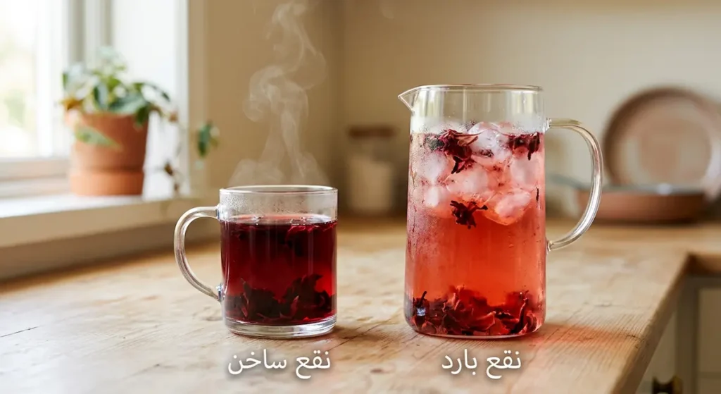 مقارنة بصرية بين إبريق كركديه منقوع بالماء البارد بلون أحمر فاتح وكوب كركديه ساخن بلون أحمر داكن يتصاعد منه بخار لتوضيح الفرق في التحضير