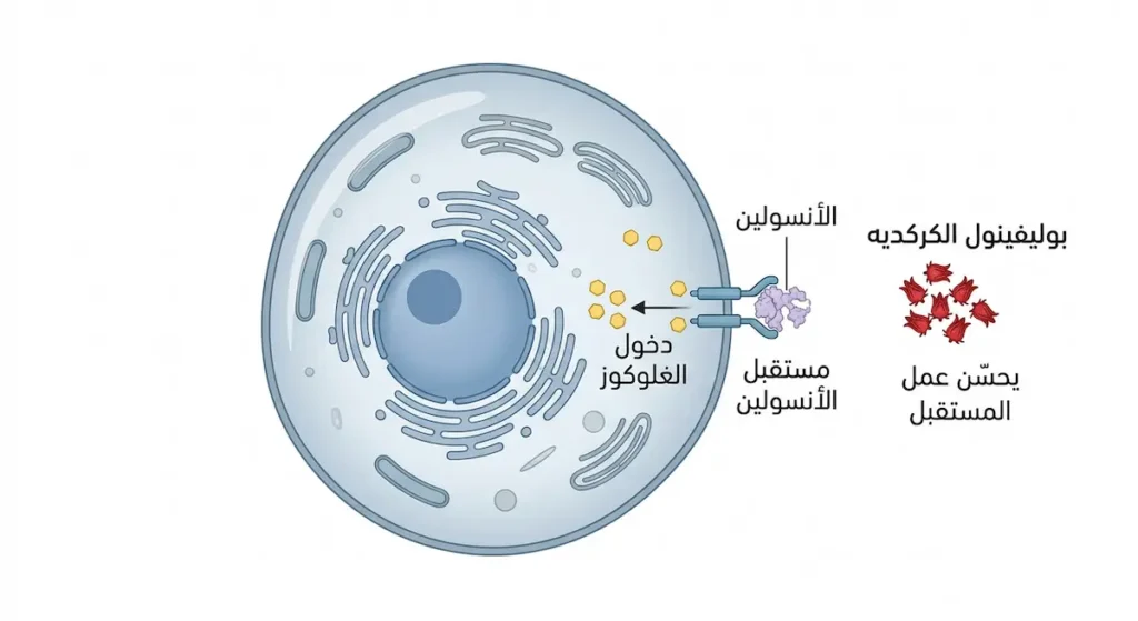 رسم توضيحي يُظهر كيف تحسّن مركبات البوليفينول في الكركديه استجابة مستقبلات الأنسولين على سطح الخلية مما يسمح بدخول الغلوكوز بكفاءة أعلى