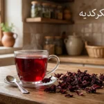 كوب زجاجي شفاف مملوء بشاي الكركديه الأحمر القرمزي على طاولة خشبية بجانب أوراق كركديه مجففة مع نص فوائد الكركديه