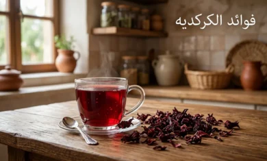 كوب زجاجي شفاف مملوء بشاي الكركديه الأحمر القرمزي على طاولة خشبية بجانب أوراق كركديه مجففة مع نص فوائد الكركديه