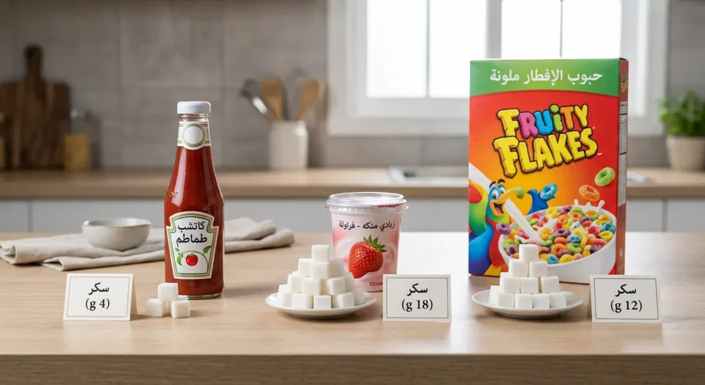 صورة توضيحية تُظهر كمية السكر الخفي في منتجات غذائية شائعة كحبوب الإفطار والزبادي المنكه والكاتشب