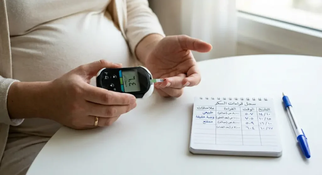 يد امرأة حامل تستخدم جهاز قياس سكر الدم على إصبعها مع دفتر تسجيل قراءات بجانبها