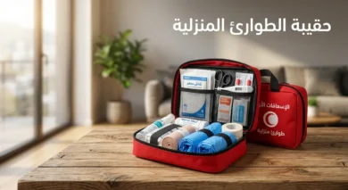 حقيبة طوارئ منزلية حمراء مفتوحة تعرض محتوياتها من أربطة ضاغطة وشاش معقم وقفازات طبية على طاولة خشبية في بيئة منزلية