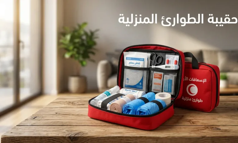 حقيبة طوارئ منزلية حمراء مفتوحة تعرض محتوياتها من أربطة ضاغطة وشاش معقم وقفازات طبية على طاولة خشبية في بيئة منزلية