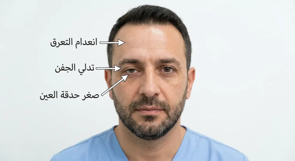 صورة توضيحية لأعراض متلازمة هورنر تشمل تدلي الجفن وصغر حدقة العين وانعدام التعرق