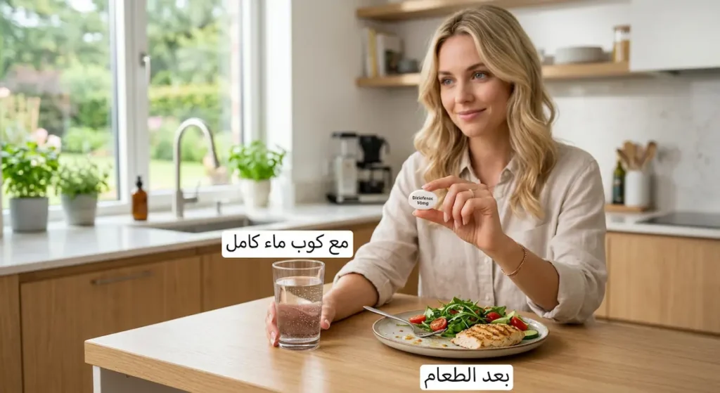  يد تمسك قرص ديكلوفيناك مع كوب ماء وطبق طعام يوضح ضرورة تناول الدواء بعد الأكل ومع الماء