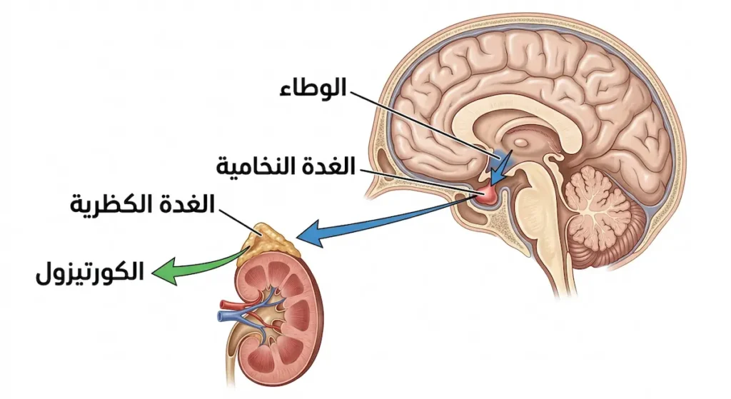 رسم توضيحي تشريحي يُظهر محور الوطاء-النخامية-الكظرية مع أسهم توضح مسار الإشارات العصبية من الوطاء إلى الغدة النخامية ثم الغدة الكظرية التي تُفرز هرمون الكورتيزول