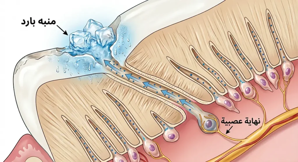  رسم توضيحي يوضح حركة السائل داخل الأنابيب العاجية عند التعرض لمنبه بارد وتأثيرها على النهايات العصبية