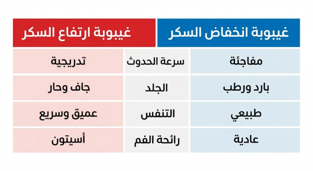 جدول مقارنة بين غيبوبة انخفاض السكر وغيبوبة ارتفاع السكر من حيث سرعة الحدوث وحالة الجلد والتنفس ورائحة الفم