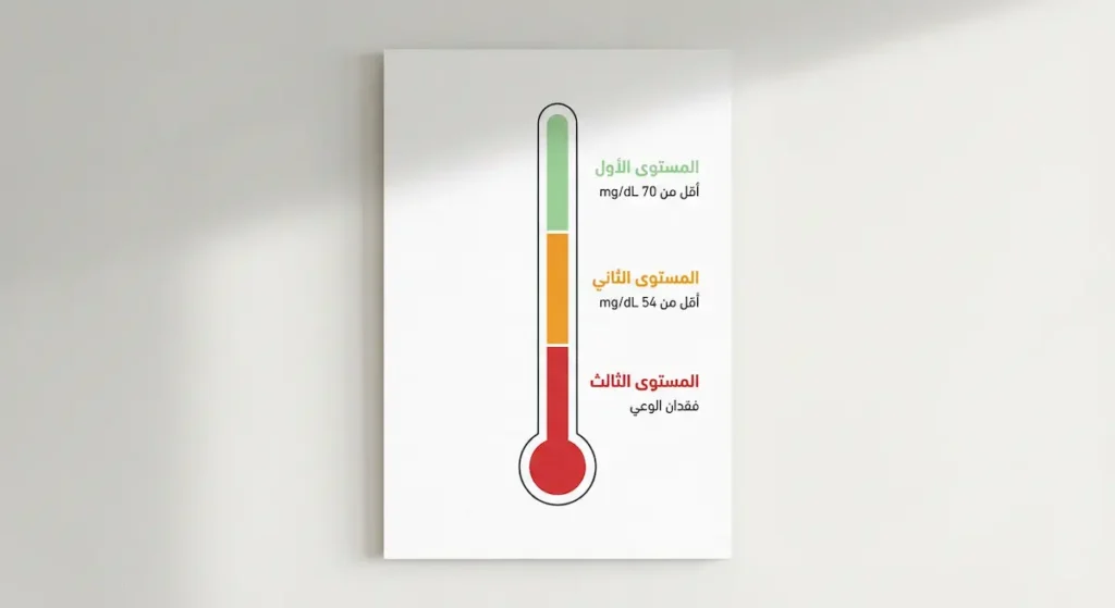 مقياس عمودي متدرج يوضح ثلاث درجات لنقص السكر في الدم من المستوى الأول أقل من 70 إلى المستوى الثالث مع فقدان الوعي