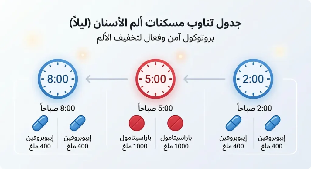 جدول زمني يوضح كيفية التناوب بين الإيبوبروفين والباراسيتامول كل 3 ساعات لتسكين ألم الأسنان