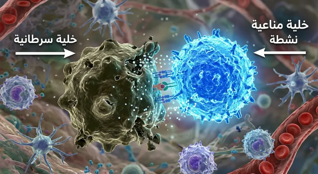  رسم توضيحي مجهري يُظهر خلية مناعية نشطة تتعرف على خلية سرطانية وتهاجمها كجزء من آلية العلاج المناعي