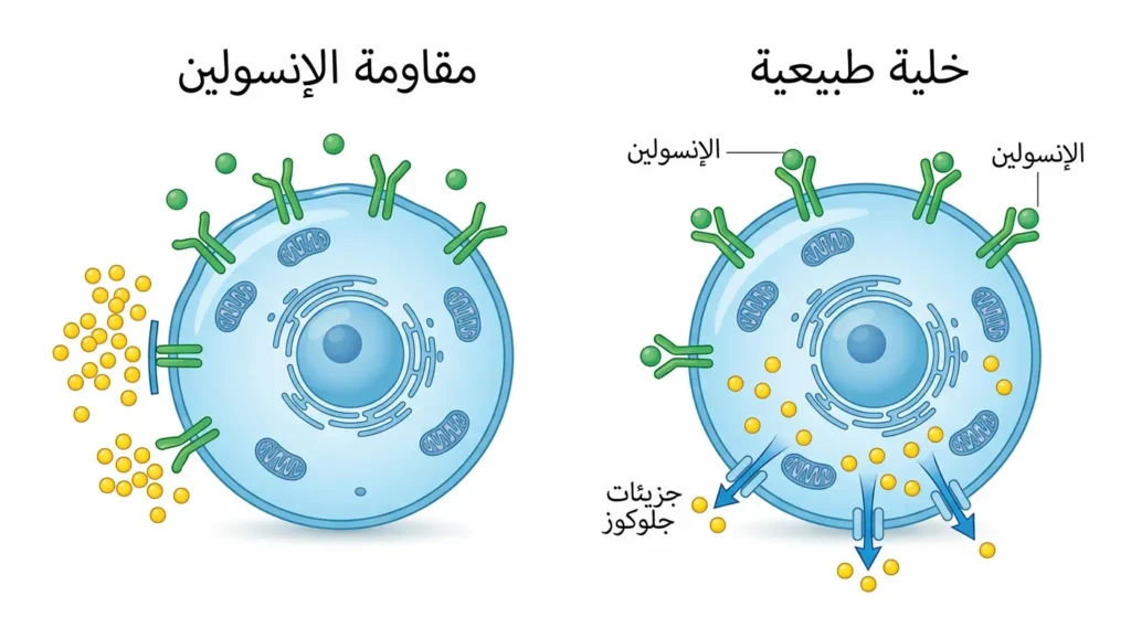  رسم توضيحي يقارن بين الخلية الطبيعية التي تستجيب للإنسولين والخلية المقاومة للإنسولين