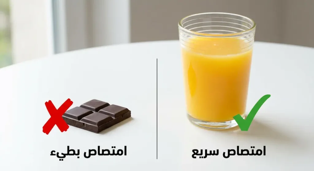 مقارنة بين كوب عصير برتقال بعلامة صح للامتصاص السريع وقطعة شوكولاتة بعلامة خطأ للامتصاص البطيء في علاج هبوط السكر