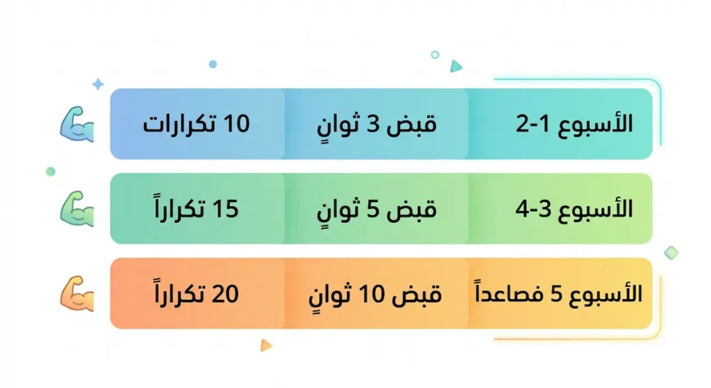  جدول تدريبي لتمارين كيجل يوضح المدة والتكرارات لكل مرحلة أسبوعية
