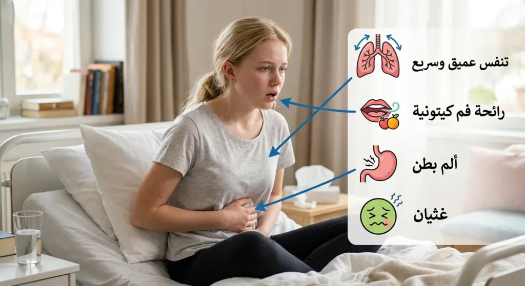 فتاة تظهر عليها أعراض الحماض الكيتوني المتأخرة مثل التنفس العميق والسريع وألم البطن