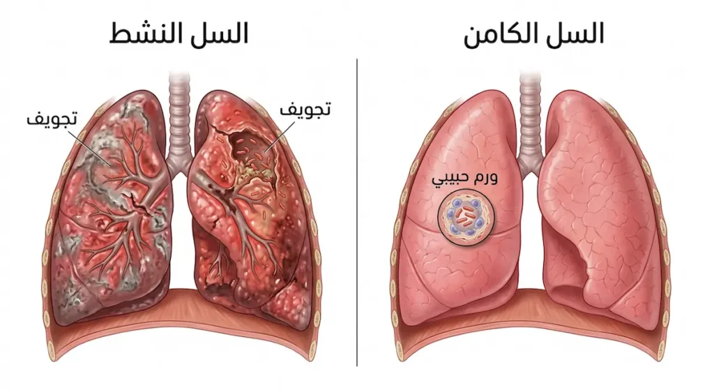 مقارنة توضيحية بين السل الكامن الذي يُظهر ورماً حبيبياً محاصراً والسل النشط الذي يُظهر تجويفات في الرئة