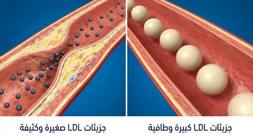 مقارنة تشريحية بين جزيئات الكوليسترول الضار الكبيرة الطافية والصغيرة الكثيفة التي تخترق جدار الشريان