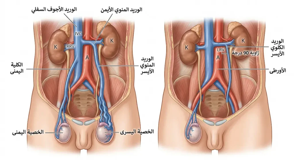  رسم تشريحي يوضح اختلاف زاوية تصريف الوريد المنوي الأيسر والأيمن في الأوردة الكبرى