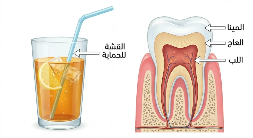 رسم توضيحي لمقطع جانبي في السن يُظهر طبقات المينا والعاج واللب مع طريقة الحماية من الحموضة باستخدام القشة