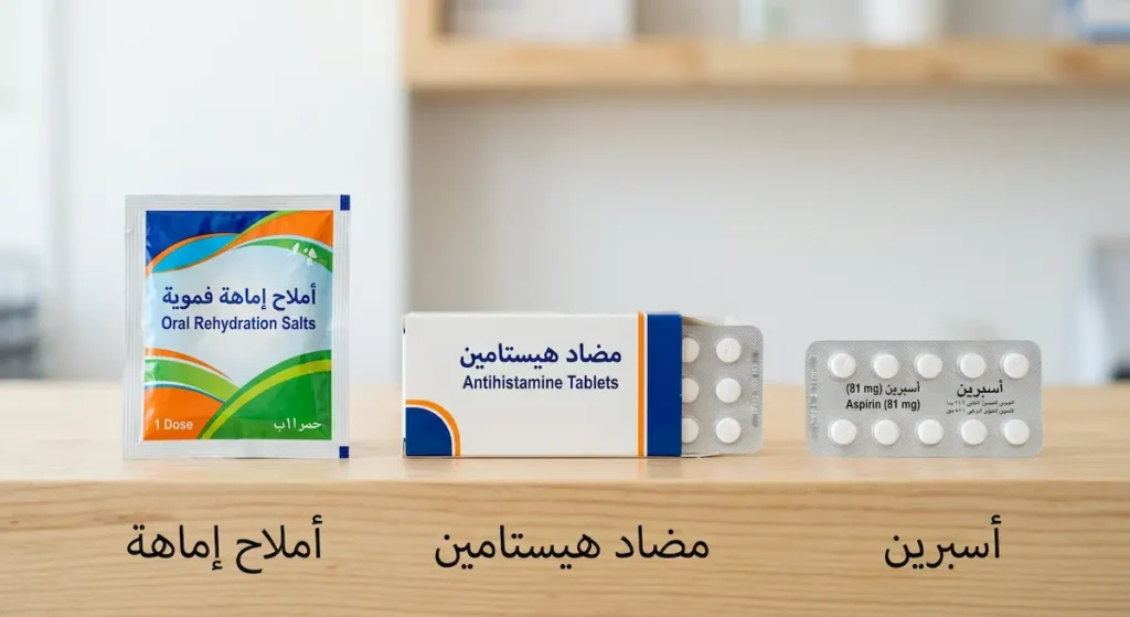 ثلاثة أدوية منقذة للحياة تشمل الأسبرين ومضاد الهيستامين وأملاح الإماهة الفموية