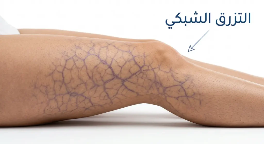  صورة توضيحية تُظهر نمط التزرق الشبكي على الجلد كشبكة من الخطوط البنفسجية المتقاطعة