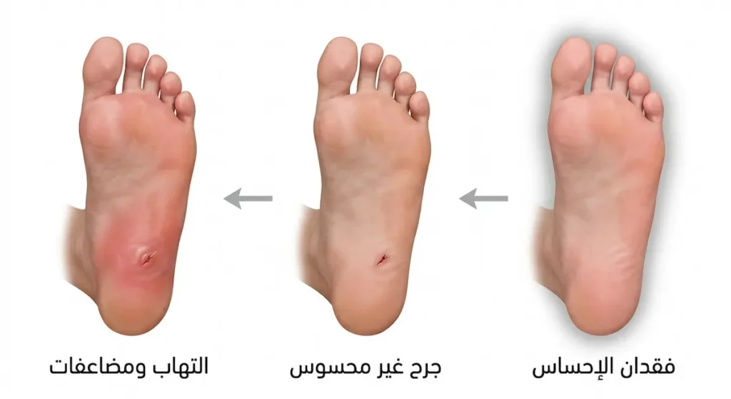 صورة توضيحية تُظهر ثلاث مراحل متسلسلة من اليمين إلى اليسار تبدأ بفقدان الإحساس في القدم ثم جرح غير محسوس ثم التهاب ومضاعفات خطيرة