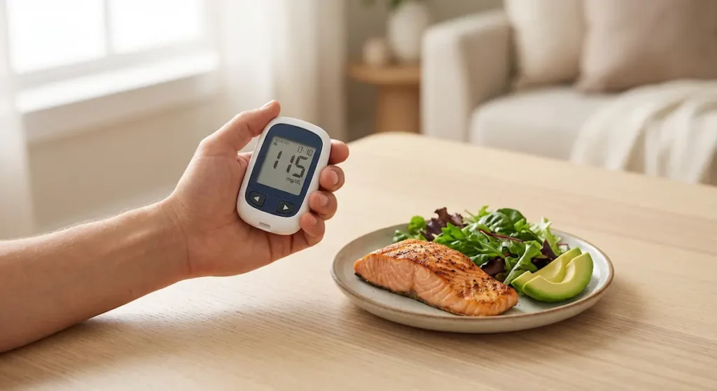 يد تحمل جهاز قياس السكر بجانب طبق وجبة صحية منخفضة الكربوهيدرات تحتوي على سلمون وخضروات وأفوكادو