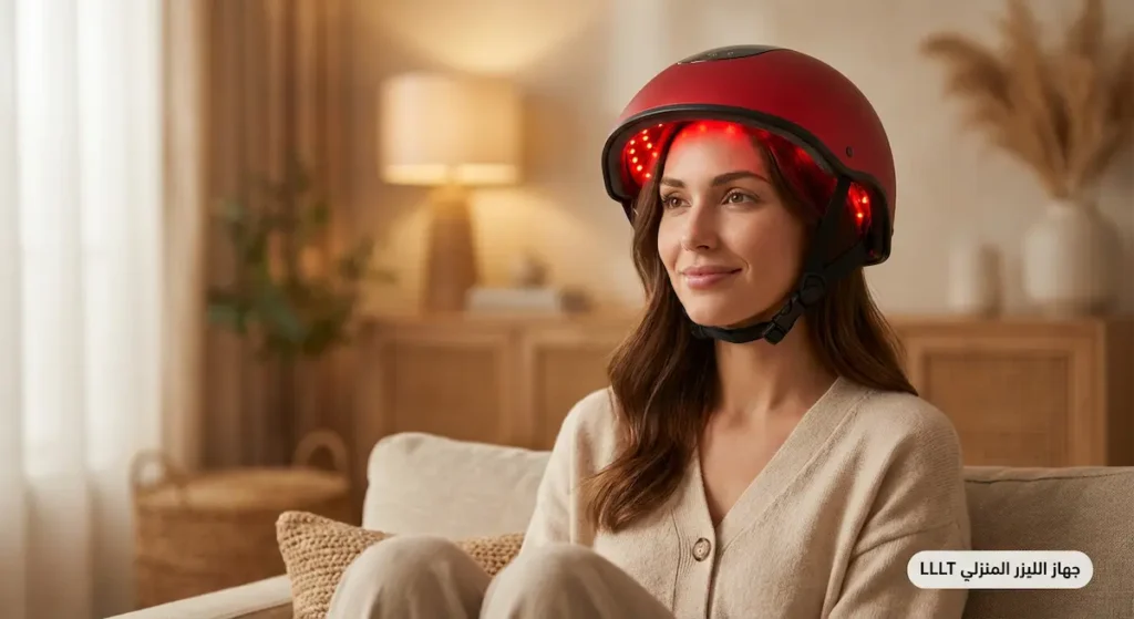  امرأة ترتدي جهاز خوذة الليزر منخفض المستوى لعلاج تساقط الشعر في المنزل