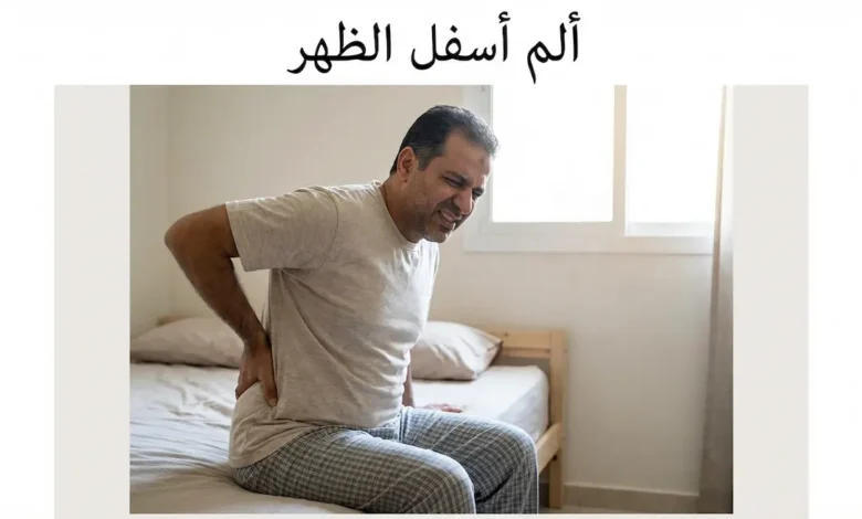 رجل يجلس على حافة سريره ويضع يده على أسفل ظهره بتعبير يدل على الألم