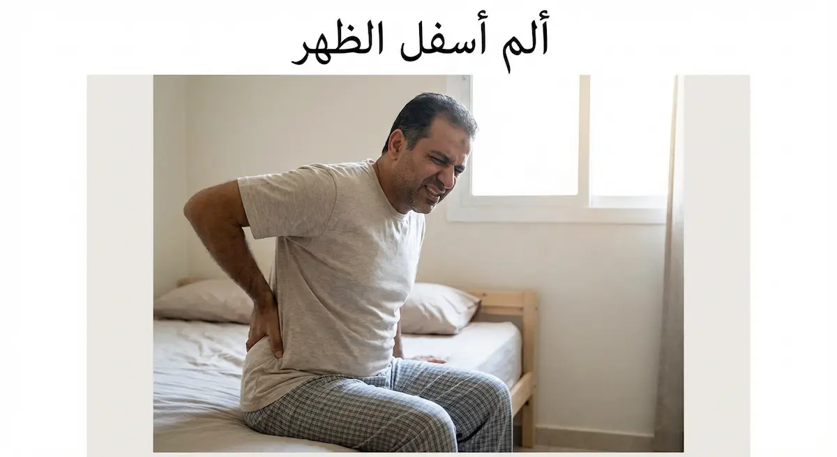 رجل يجلس على حافة سريره ويضع يده على أسفل ظهره بتعبير يدل على الألم