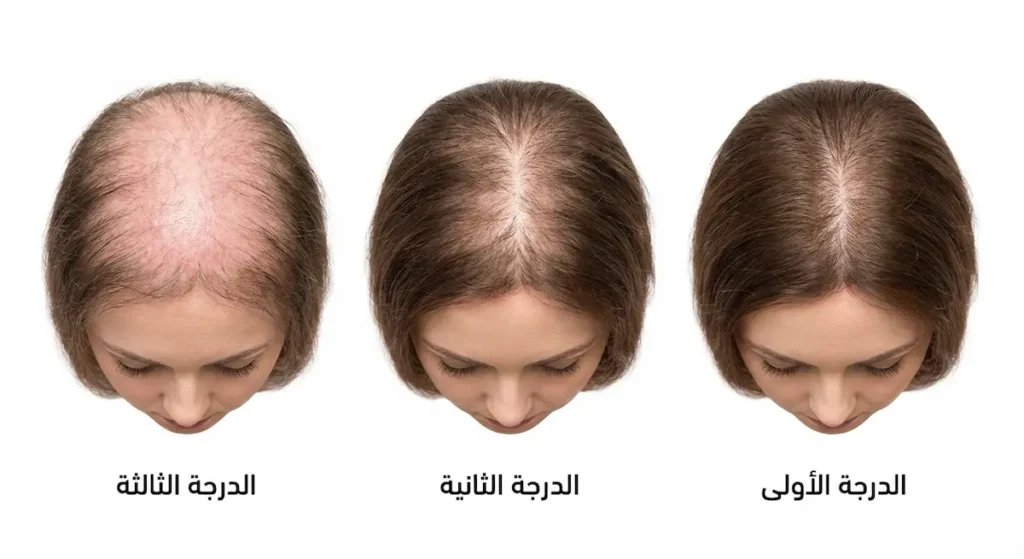  تصنيف لودفيج يوضح ثلاث درجات من الصلع الوراثي الأنثوي من الترقق الخفيف إلى الشديد