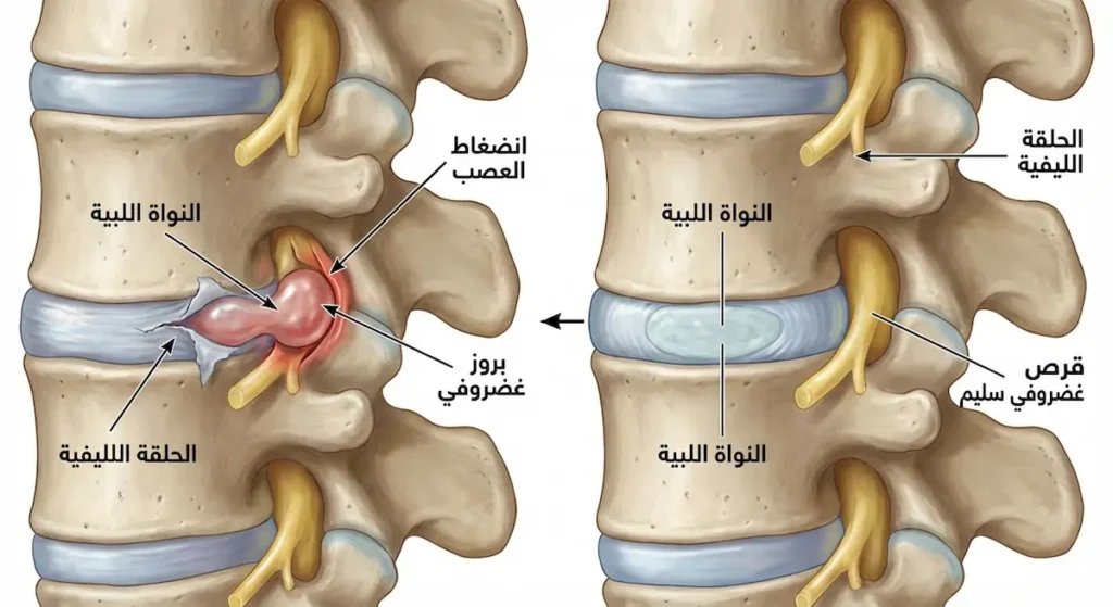 مقارنة توضيحية بين قرص غضروفي سليم وآخر منزلق يضغط على جذر العصب مسبباً ألم عرق النسا