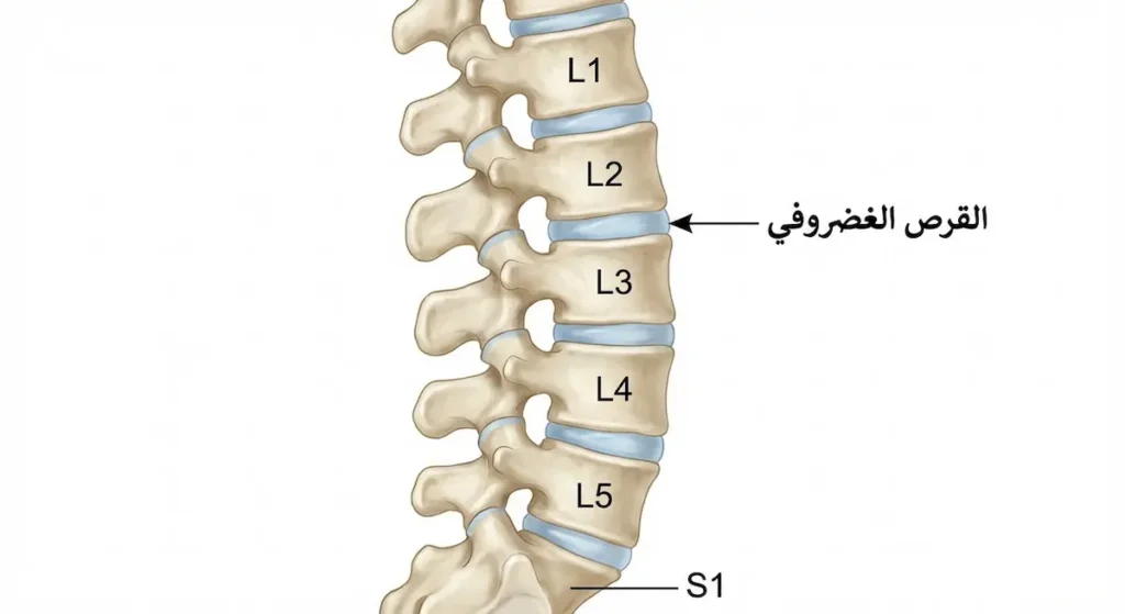  رسم تشريحي للعمود الفقري القطني يوضح الفقرات الخمس والأقراص الغضروفية بينها