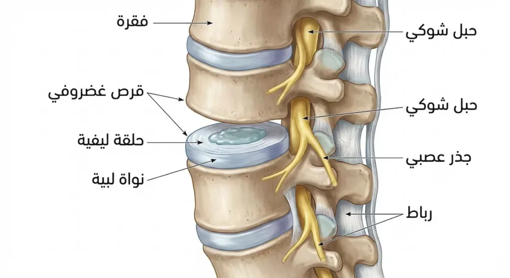  مقطع جانبي تشريحي للعمود الفقري القطني يُظهر الفقرات والقرص الغضروفي بطبقتيه والحبل الشوكي والجذر العصبي والأربطة