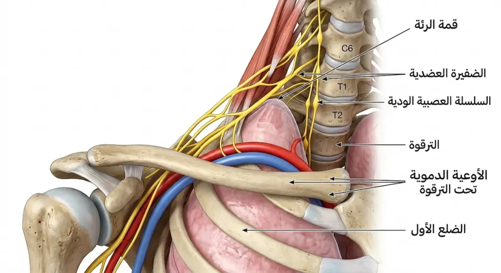 رسم تشريحي يوضح موقع قمة الرئة والبنى المحيطة بها كالضفيرة العضدية والأوعية الدموية تحت الترقوة