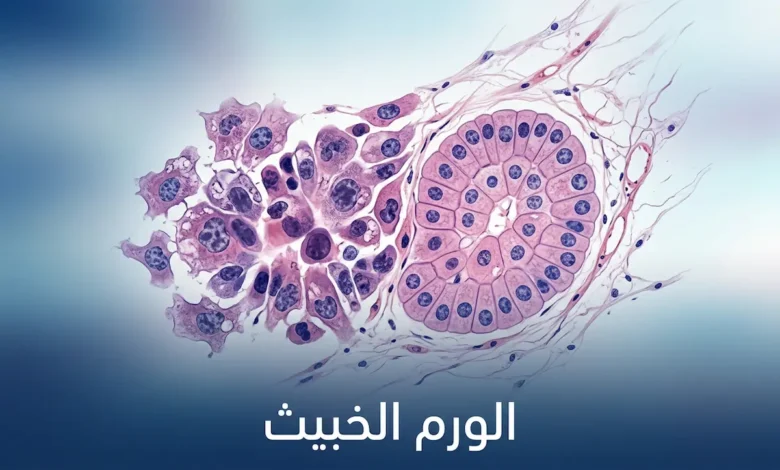 صورة غلاف طبية تُظهر مقارنة مجهرية بين خلايا طبيعية منتظمة وخلايا ورم خبيث غير منتظمة مع عنوان الورم الخبيث