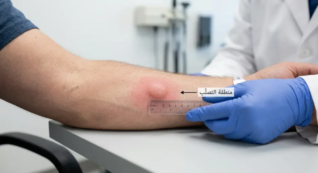  صورة توضيحية لاختبار التوبركولين الجلدي تُظهر يد طبيب تقيس منطقة التصلّب على ساعد المريض