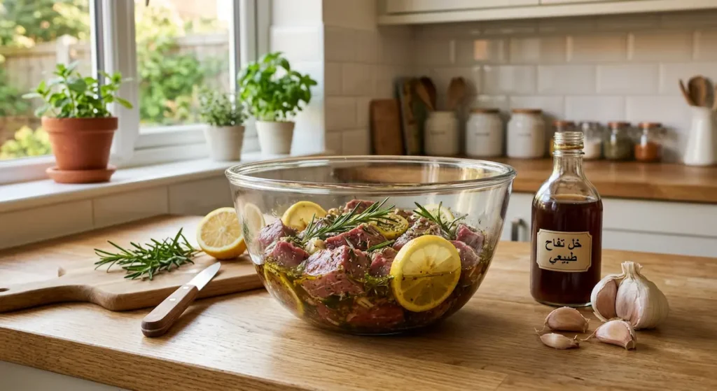 وعاء زجاجي يحتوي لحم منقوع في تتبيلة من الليمون وإكليل الجبل والخل