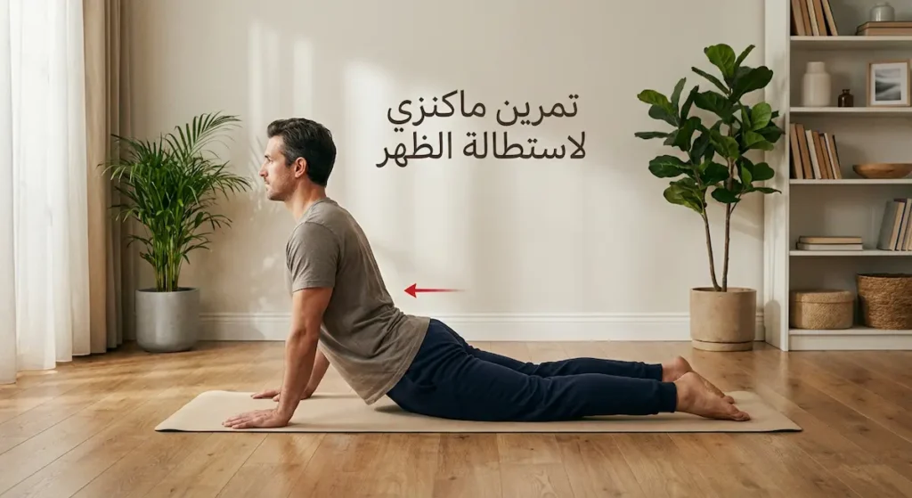 شخص يمارس تمرين ماكنزي بالاستلقاء على البطن ورفع الجزء العلوي من الجسم لاستطالة الظهر