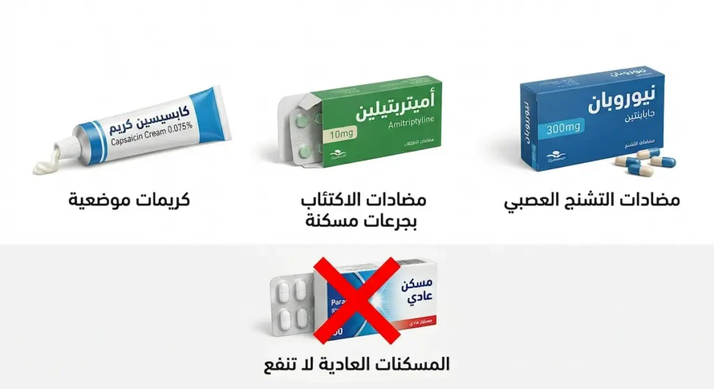 صورة توضيحية تعرض ثلاث فئات دوائية لعلاج ألم الأعصاب السكري وهي مضادات التشنج العصبي ومضادات الاكتئاب بجرعات مسكنة والكريمات الموضعية مع توضيح أن المسكنات العادية لا تنفع