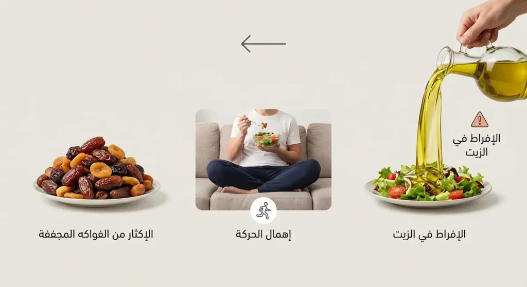 ثلاثة مشاهد توضح الأخطاء الشائعة للمبتدئين في حمية البحر المتوسط من الإفراط في الزيت إلى إهمال الحركة