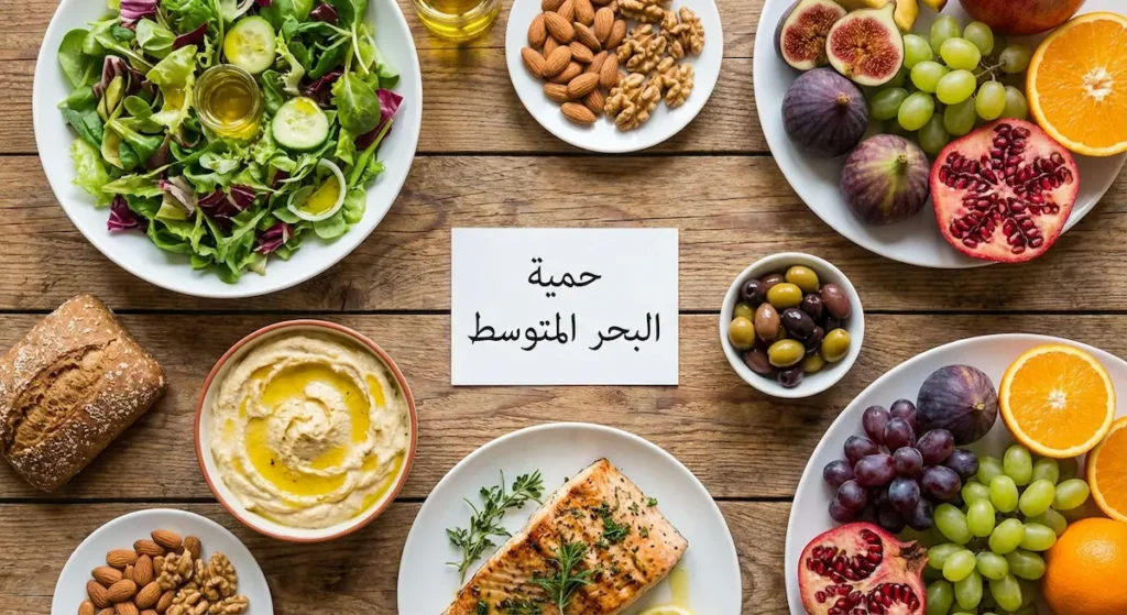 مائدة طعام تعرض مكونات حمية البحر الأبيض المتوسط الصحية من سمك وزيت زيتون وخضروات وحمص ومكسرات