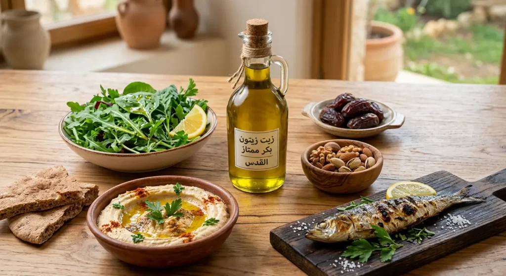  صورة واقعية لمكونات حمية البحر الأبيض المتوسط تشمل زيت الزيتون والخضراوات والأسماك والبقوليات