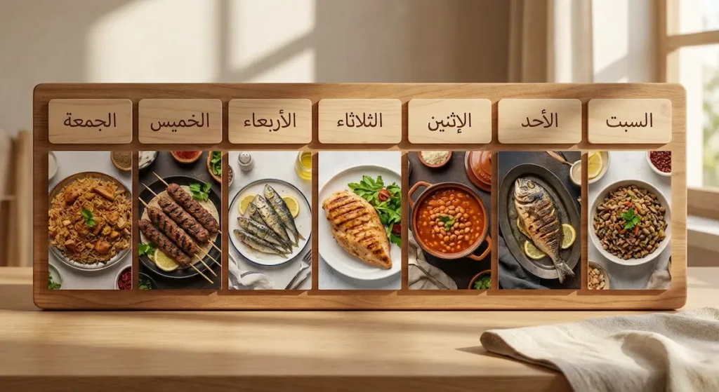 تقويم أسبوعي يعرض وجبات الغداء الرئيسية لكل يوم وفق حمية البحر المتوسط من السبت إلى الجمعة